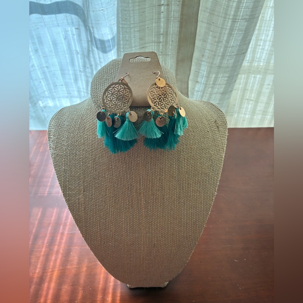 Teal Tassel Disc Drop Earrings